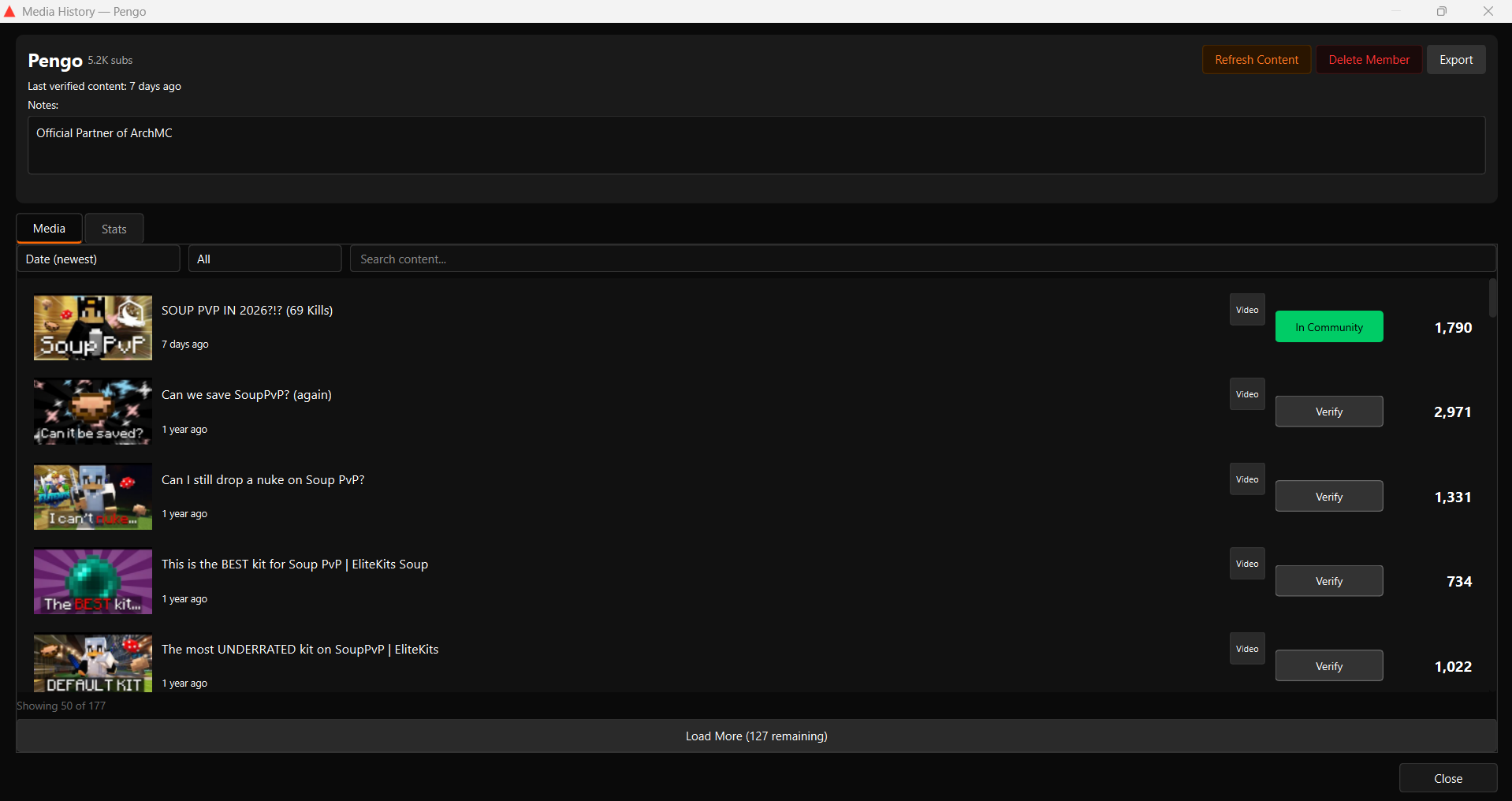 Kleos media history window showing a creator's uploaded videos and verification status